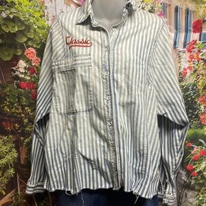 We the free size small, striped denim embroidered denim long sleeve top!